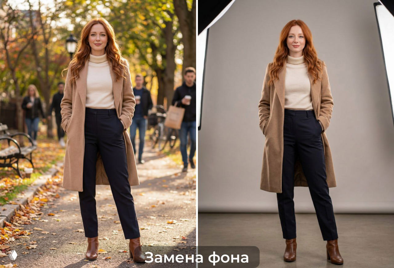 Коллаж: уличный портрет женщины и тот же персонаж на студийном фоне — пример замены фона и приведения освещения к студийному уровню.