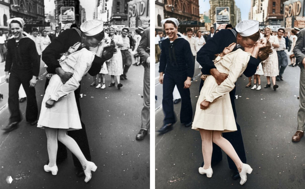 Два варианта старой уличной фотографии: оригинал в ч/б слева и восстановленная, аккуратно колоризованная версия справа.