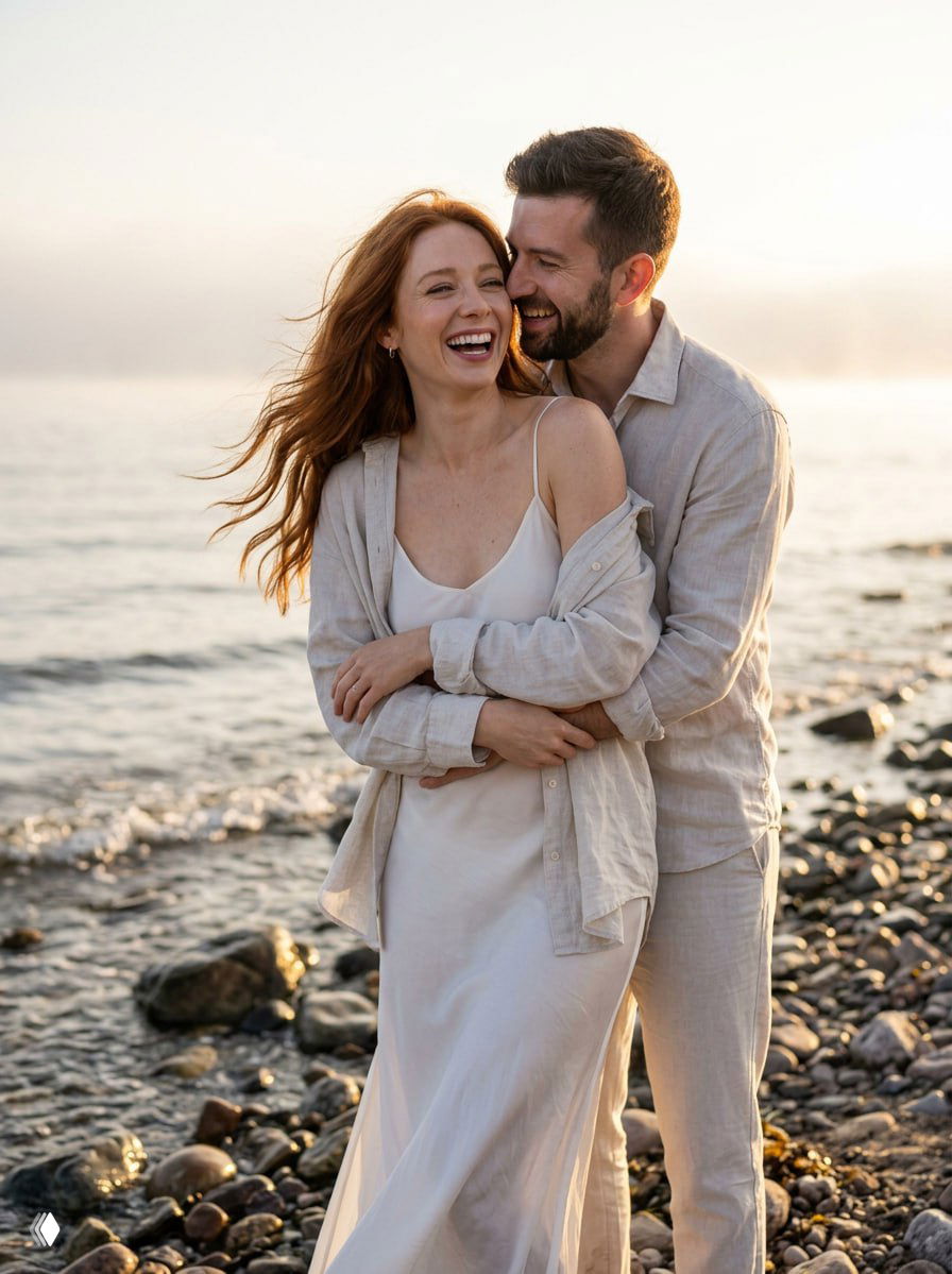 Пара смеётся на каменистом берегу, мужчина обнимает женщину сзади; льняные рубашки, развевающиеся волосы и тёплый рассветный свет.