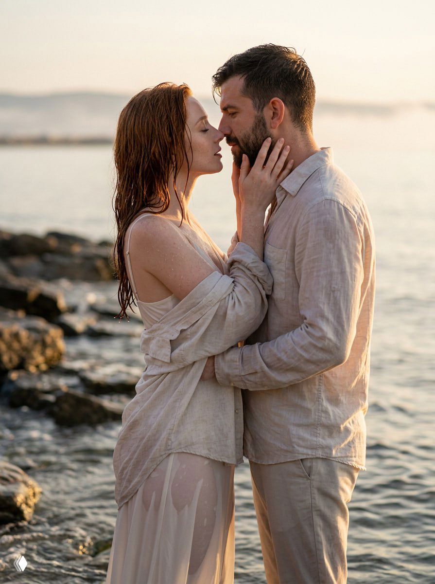 Интимный кадр пары почти в поцелуе на берегу, девушка держит лицо мужчины, мокрые волосы и капли воды в тёплом рассветном свете.