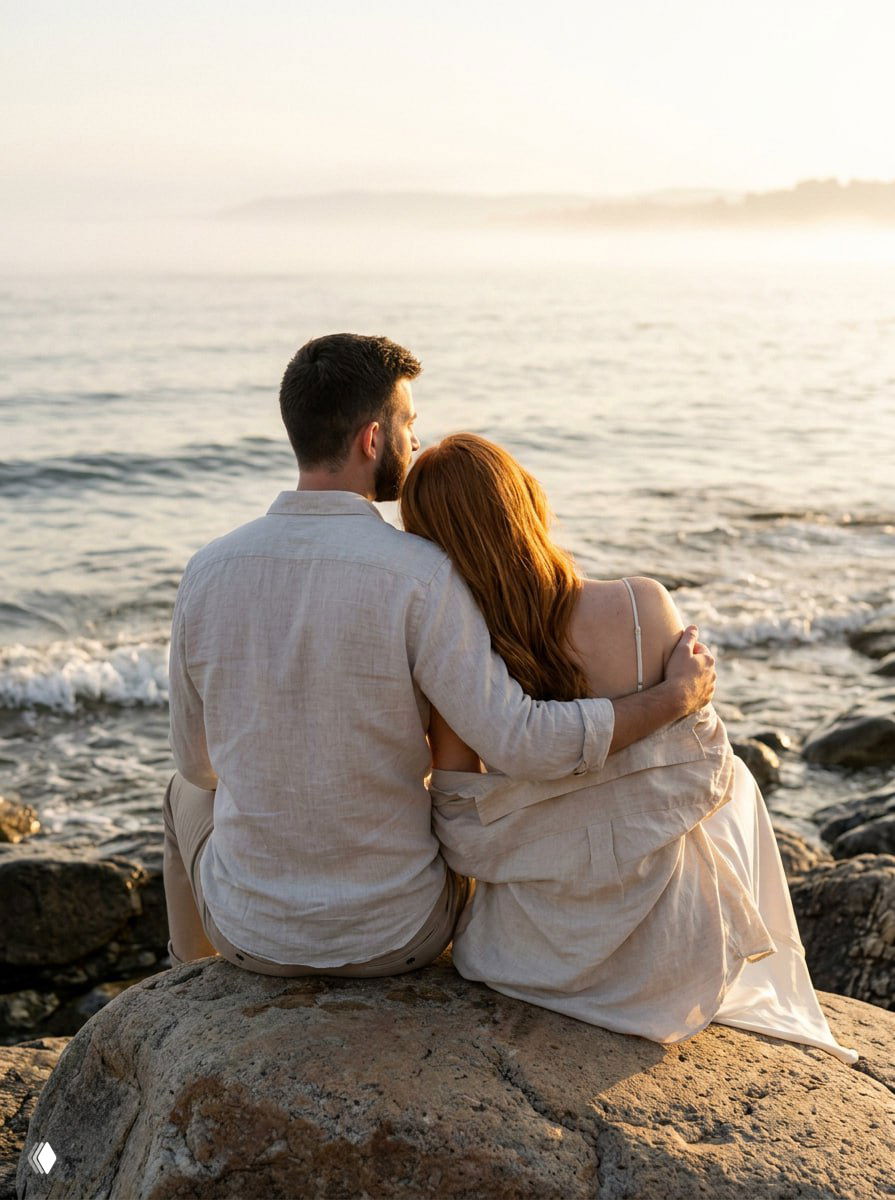 Пара сидит спиной к камере на камне у воды, опираются друг на друга, спокойный горизонт, мягкий утренний свет и лёгкий туман.