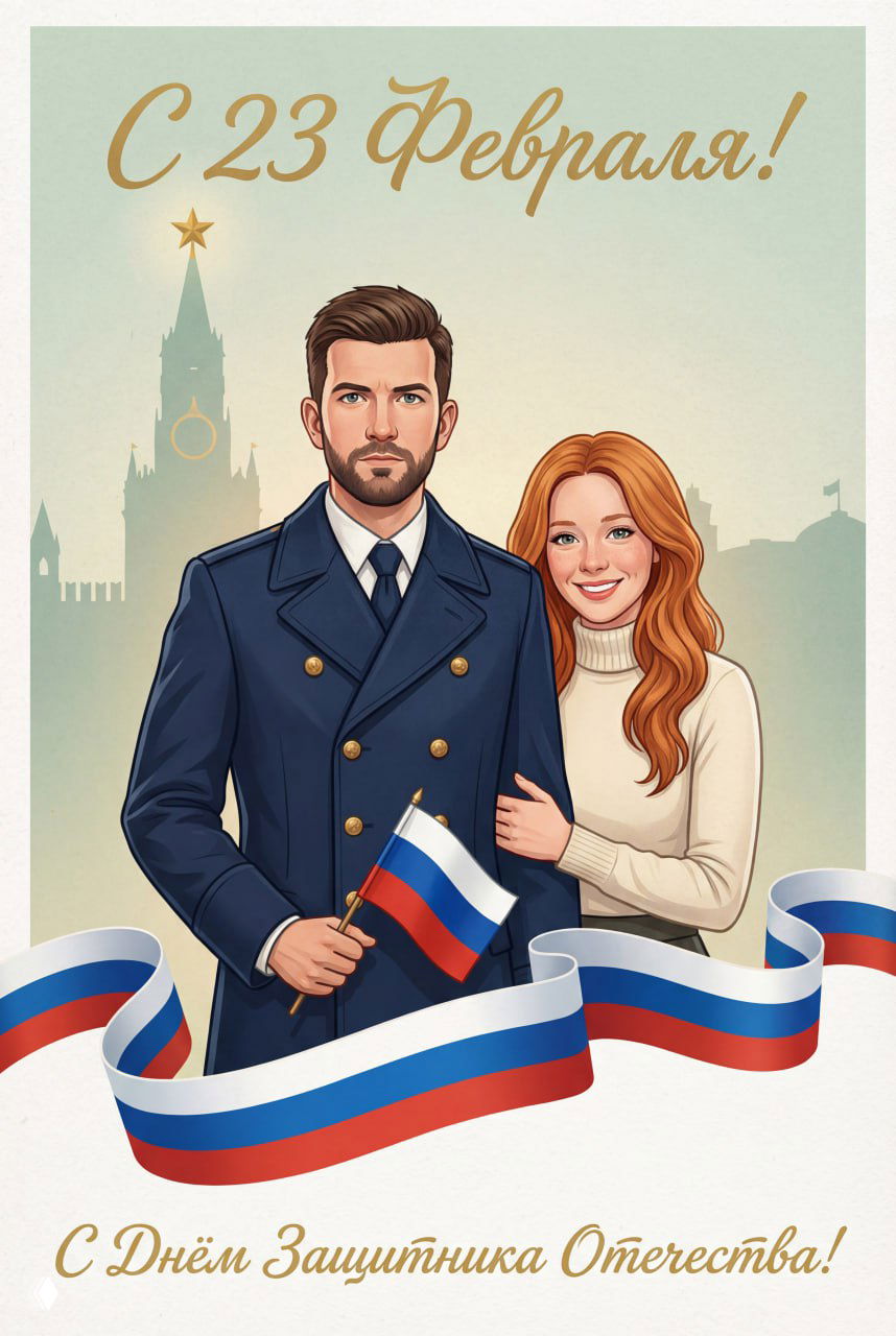Вертикальная иллюстрация открытки к 23 февраля: мужчина в классическом пальто или кителе, женщина держит его за руку, декоративная лента триколора и силуэт Кремля на фоне, поздравительная надпись вверху.