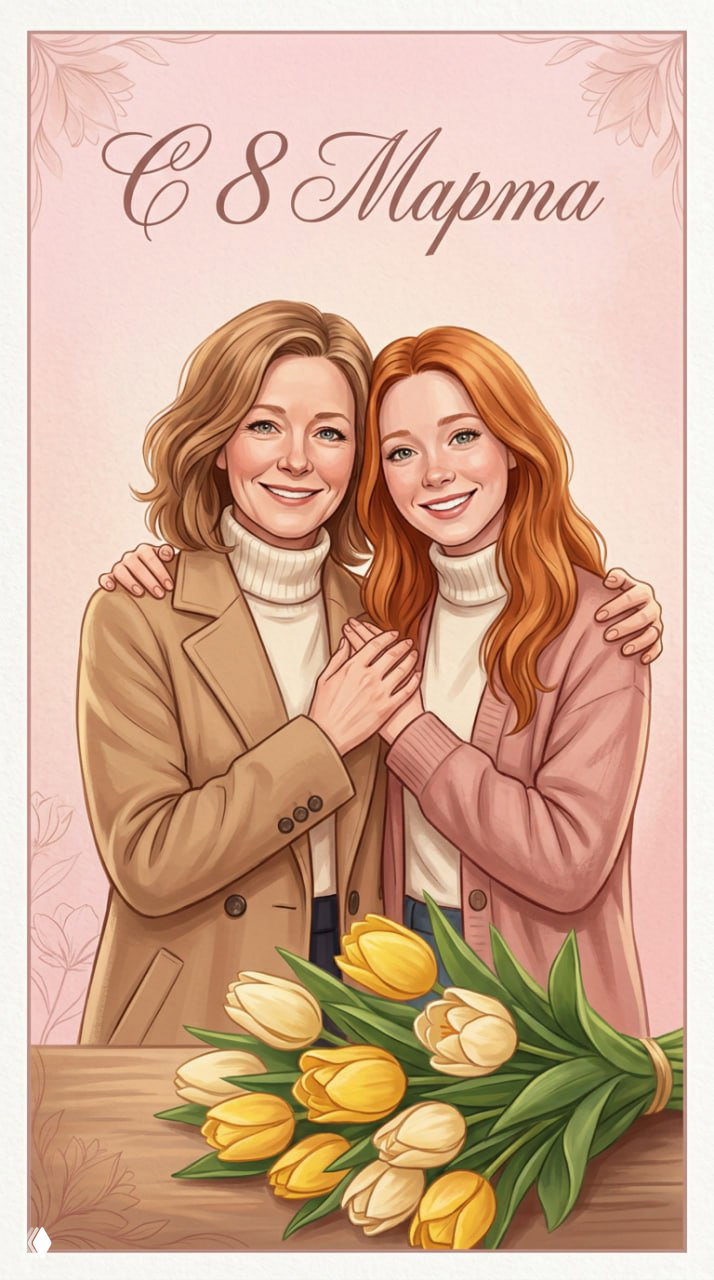 Вертикальная иллюстрация открытки: мама и взрослая дочка рядом, тёплые улыбки и букет жёлтых тюльпанов на столе спереди.