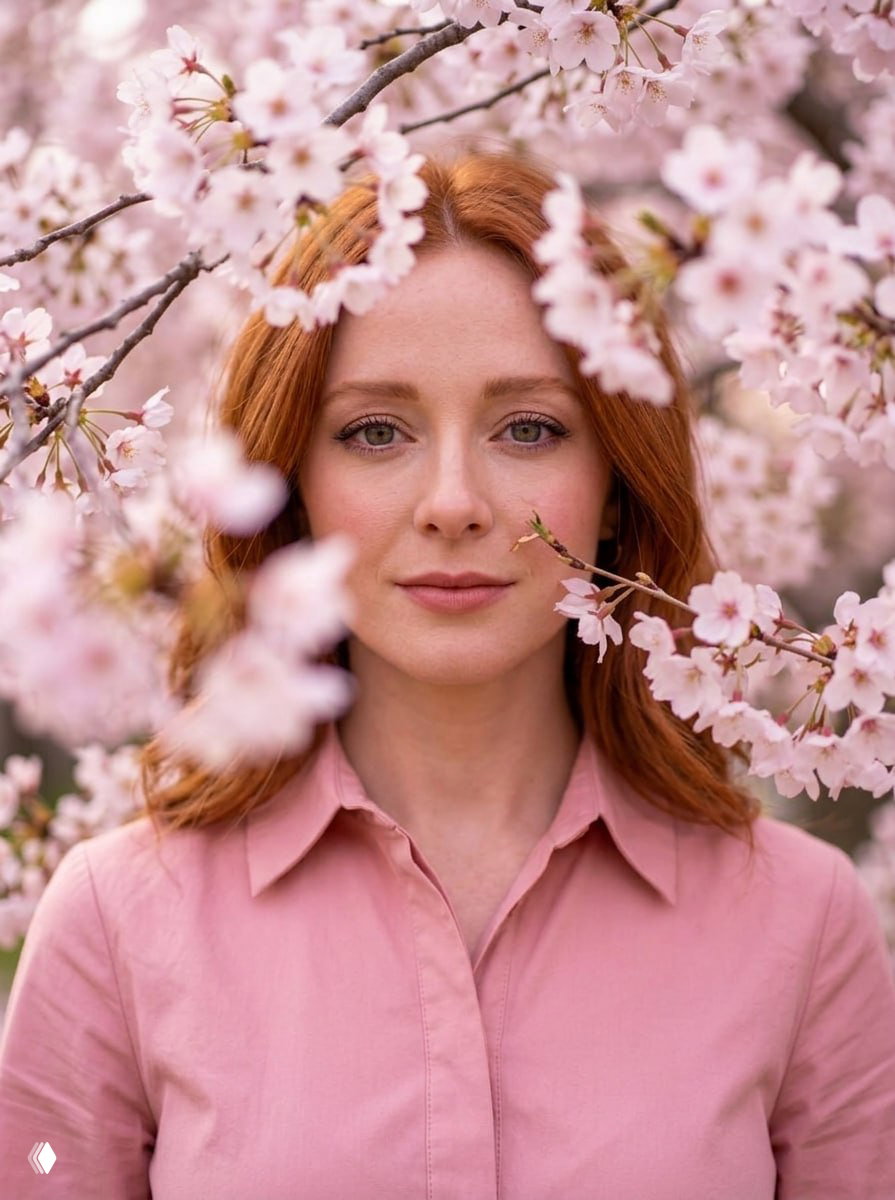 Крупный портрет женщины среди ветвей сакуры: цветы частично перекрывают кадр, акцент на глазах и на мягких розовых рефлексах кожи.