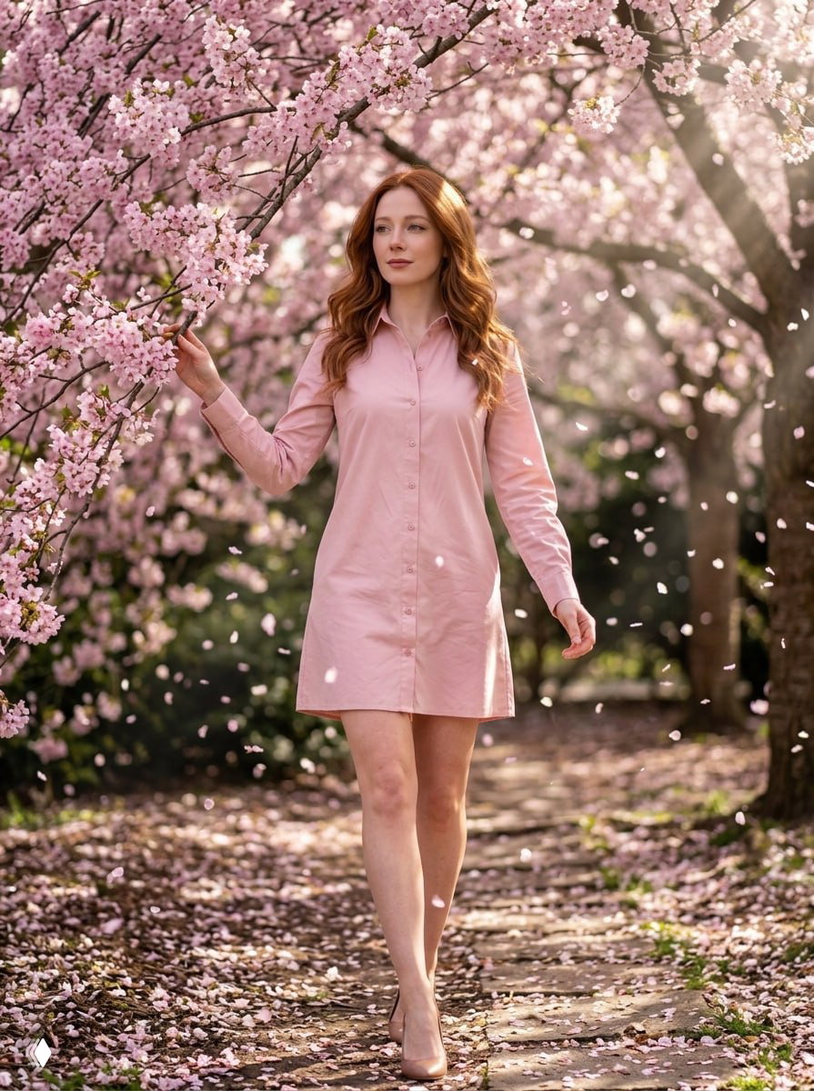 Девушка идёт по аллее цветущей сакуры в светлом платье-рубашке; падающие лепестки и солнечные проблески создают ощущение движения и глубины.