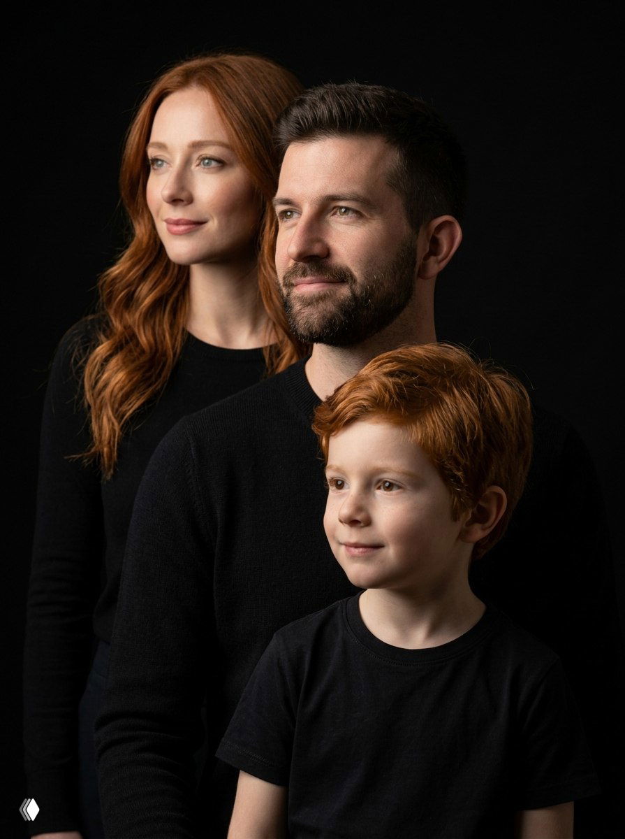 Кинематографический семейный портрет на чёрном фоне: ступенчатая композиция, взгляд в одну сторону, единый минималистичный тёмный гардероб и малая глубина резкости.