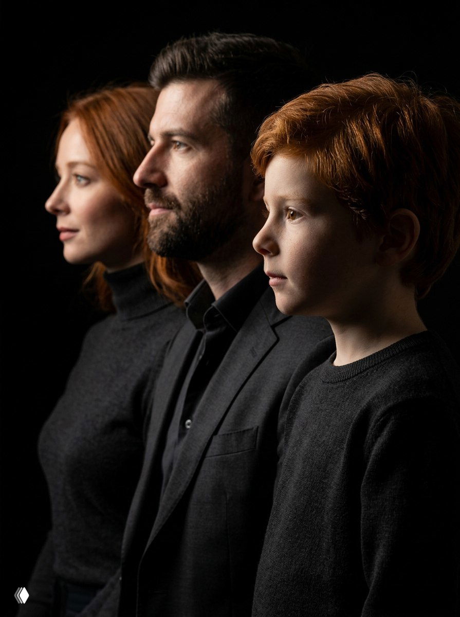 Кинематографический профильный портрет семьи на тёмном фоне: три человека выстроены в линию в профиль, боковой свет подчёркивает контуры и фактуру одежды.