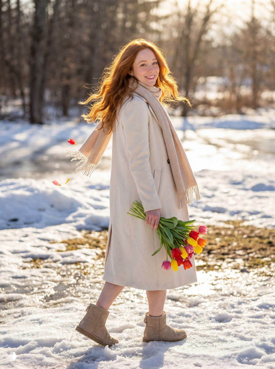 Промпт для весеннего фото (тюльпаны и тающий снег)