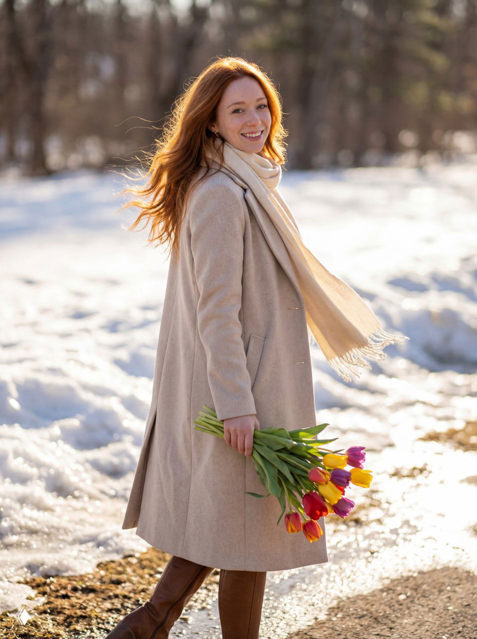 Портретная сцена: женщина в бежевом пальто и шарфе улыбается на фоне тающего снега, держит разноцветные тюльпаны при тёплом боковом освещении.