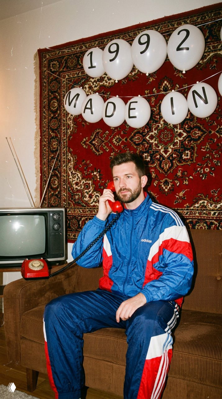 Мужчина в винтажном тренировочном костюме adidas сидит на диване с красным телефоном, на фоне виден большой ковёр и белые шары с цифрами 1992.
