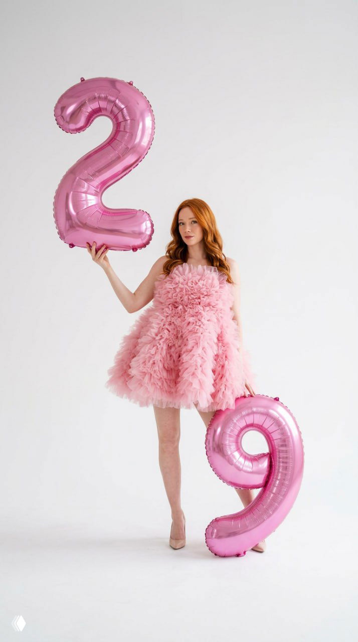 Модный праздничный кадр: девушка в пушистом розовом платье держит розовые глянцевые шарики в форме цифр 2 и 9 на чистом светлом фоне.