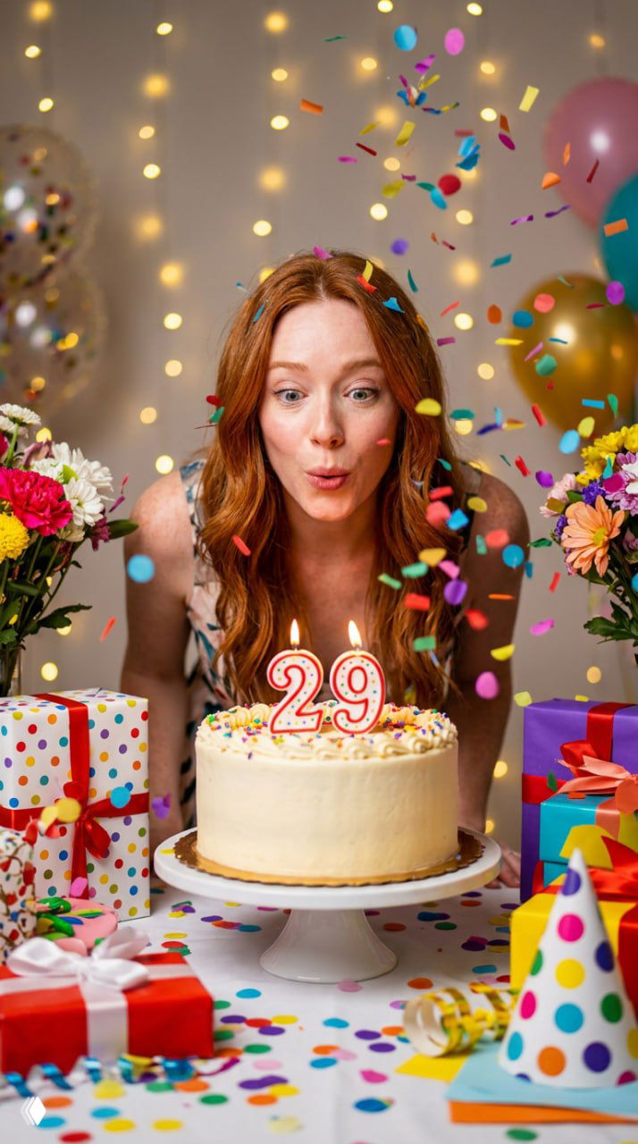 Праздничный портрет по пояс: женщина над тортом с горящими свечами «29», разноцветное конфетти и подарки создают динамичную атмосферу праздника.