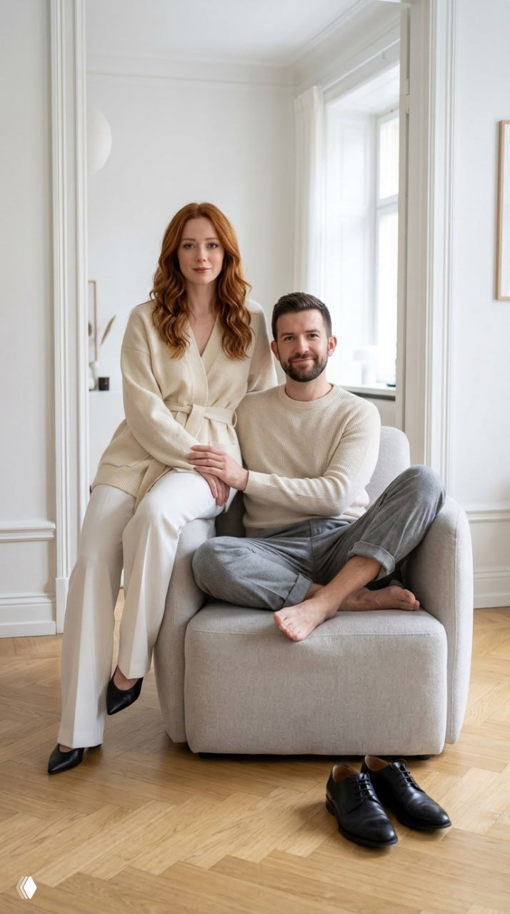 Парный lifestyle‑портрет в светлом интерьере: женщина в молочно‑белом кардигане сидит на кресле боком, мужчина босиком на кресле, деревянный паркет и светлые стены.