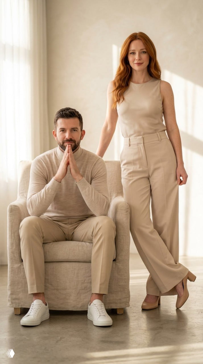Студийный fashion‑портрет в светло‑бежевых тонах: мужчина сидит в кресле, женщина стоит рядом в элегантном образе, мягкий тёплый свет и clean luxury aesthetic.
