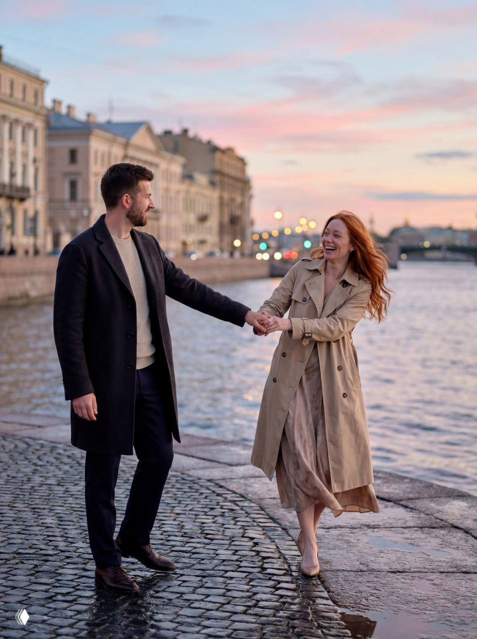 Пара на набережной Невы: он держит её за руку, она смеётся, лёгкое движение, отражения воды и мягкие огни города.