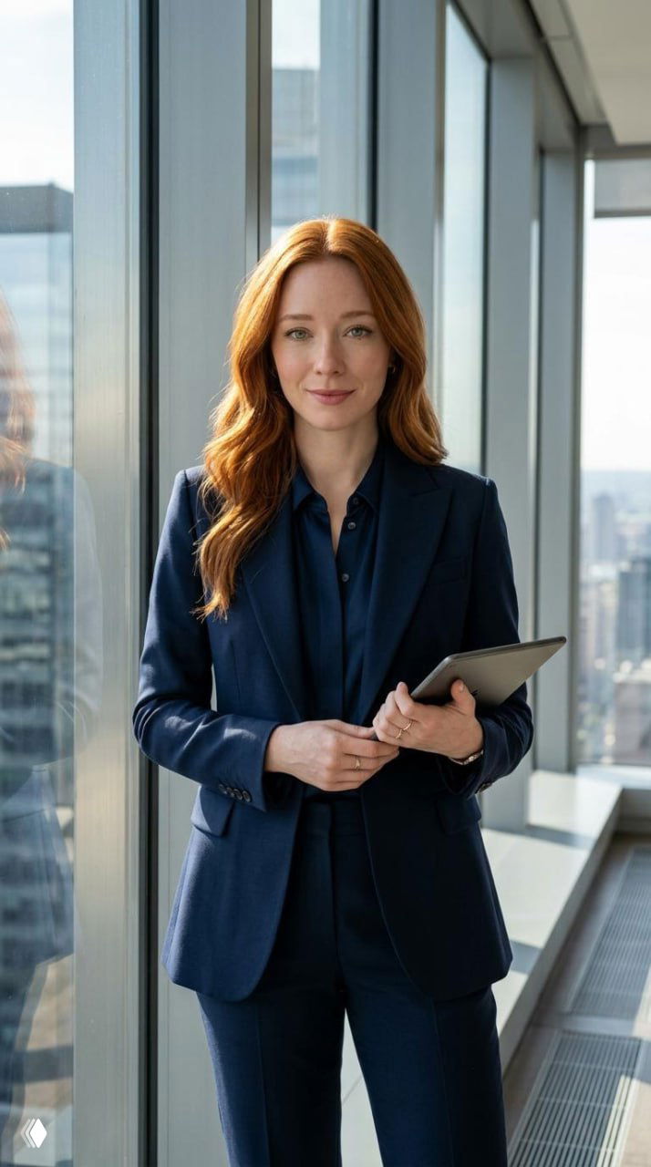 Фотореалистичный портрет женщины в деловом костюме с планшетом у панорамного окна современного офиса, мягкое освещение и аккуратный luxury-styling.