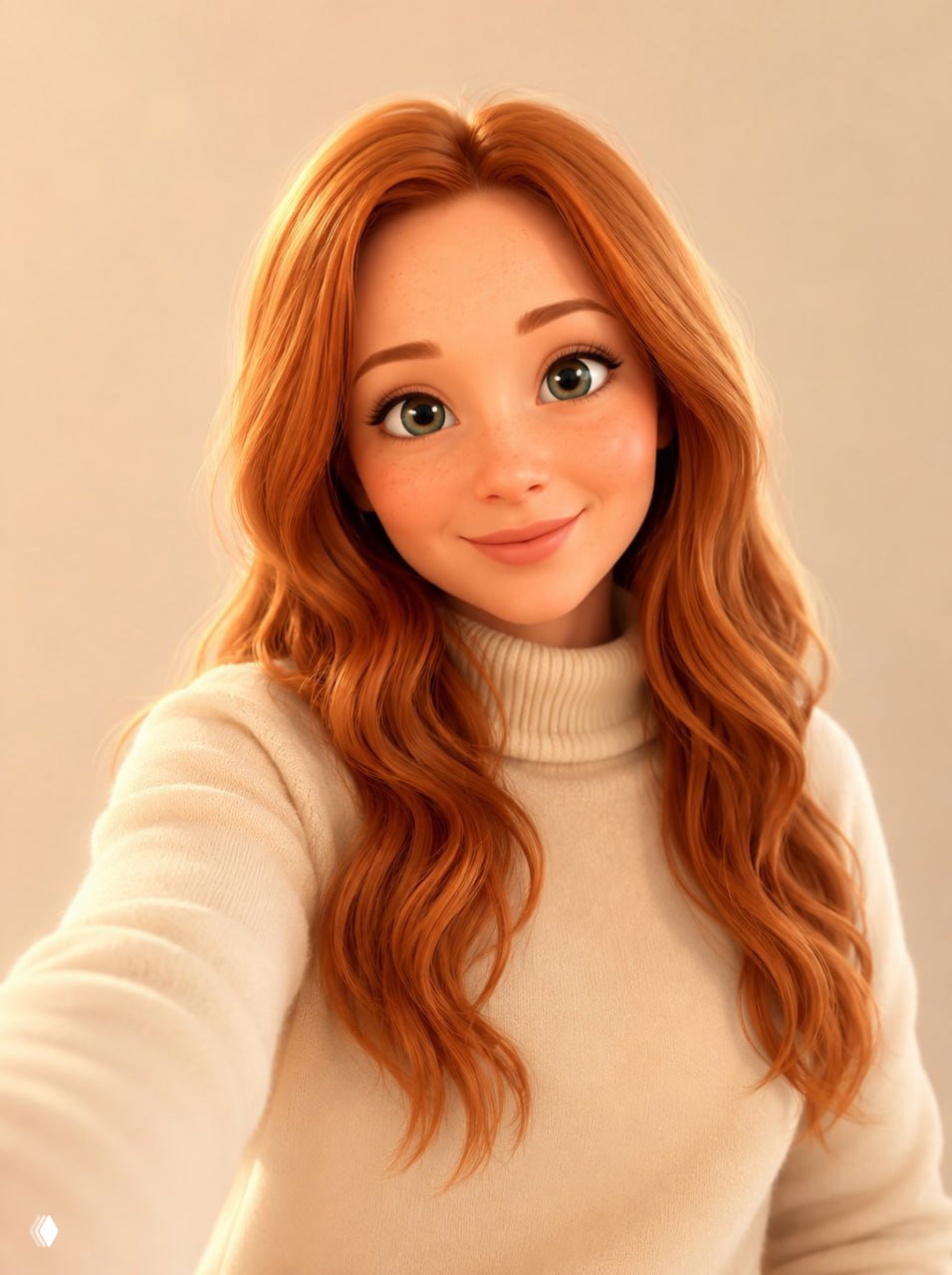 3D-портрет в стилизованном Pixar-стиле: улыбающаяся молодая женщина с рыжими волосами в мягком тёплом освещении, крупный план.