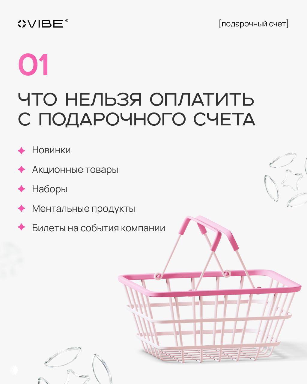 Слайд с заголовком «Что нельзя оплатить с подарочного счёта», перечень запрещённых позиций и изображение розовой корзины — правила исключений.