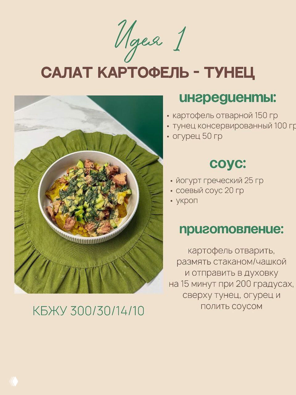 Миска с салатом «картофель — тунец» на зелёной подложке — иллюстрация рецепта с ингредиентами (картофель, тунец, огурец) и указанным КБЖУ для ужина.