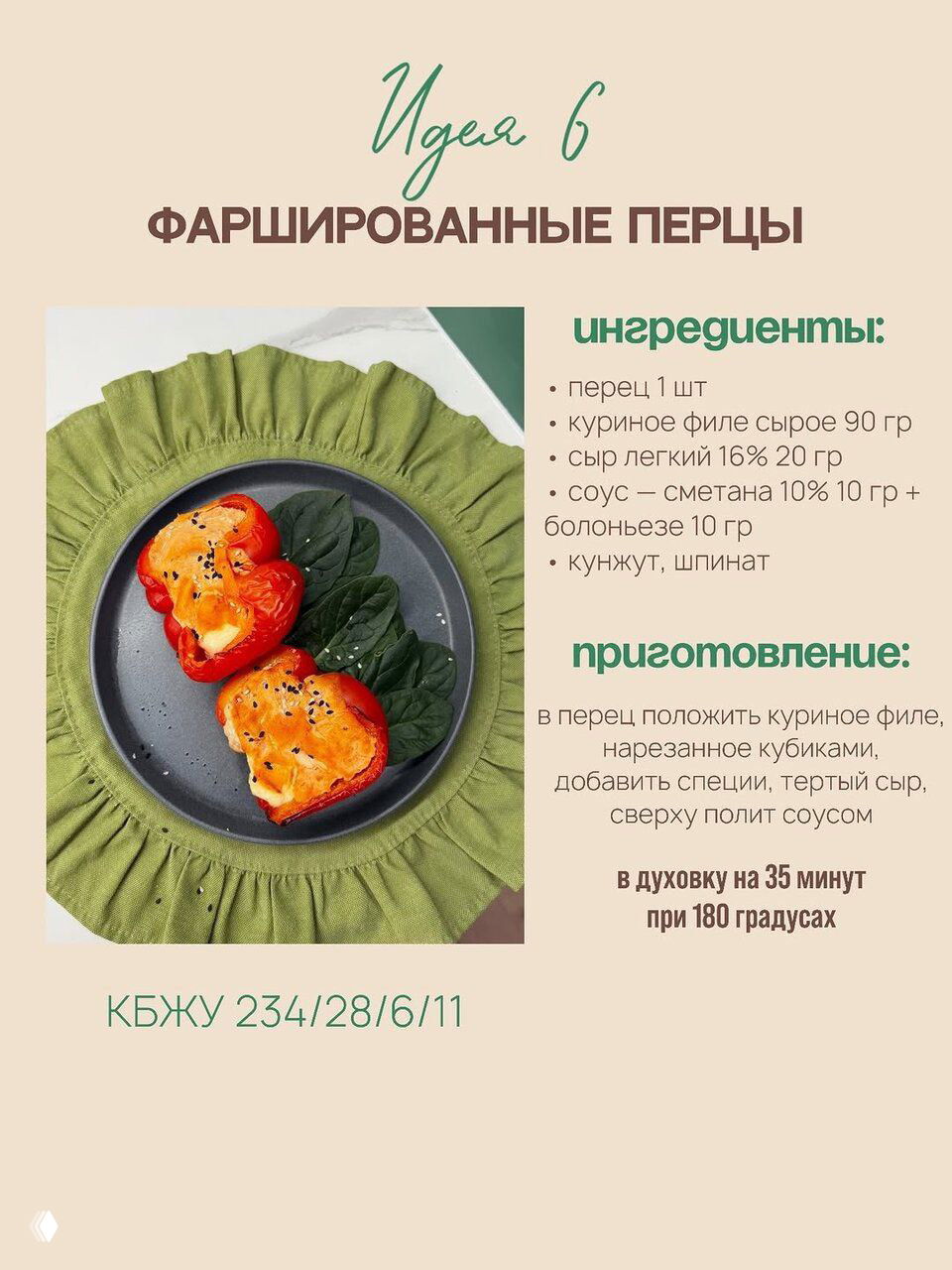 Два половинчатых фаршированных перца с куриным фаршем и лёгким сыром на тарелке — фото рецепта с соусом, кунжутом и шпинатом, указанное КБЖУ в карточке.