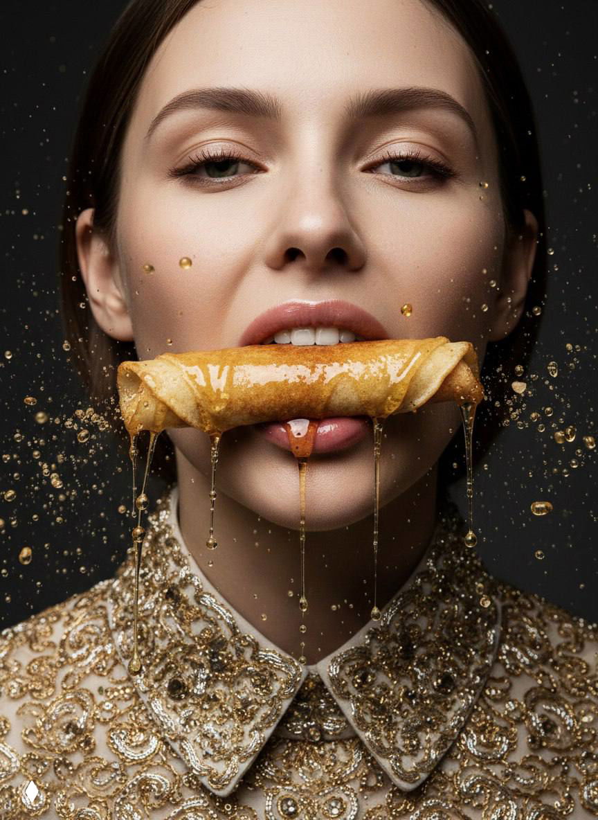 Крупный план женщины, которая кусает свернутый блин; золотистый сироп стекает, акцент на губах и богатой вышивке воротника в макро-стиле.