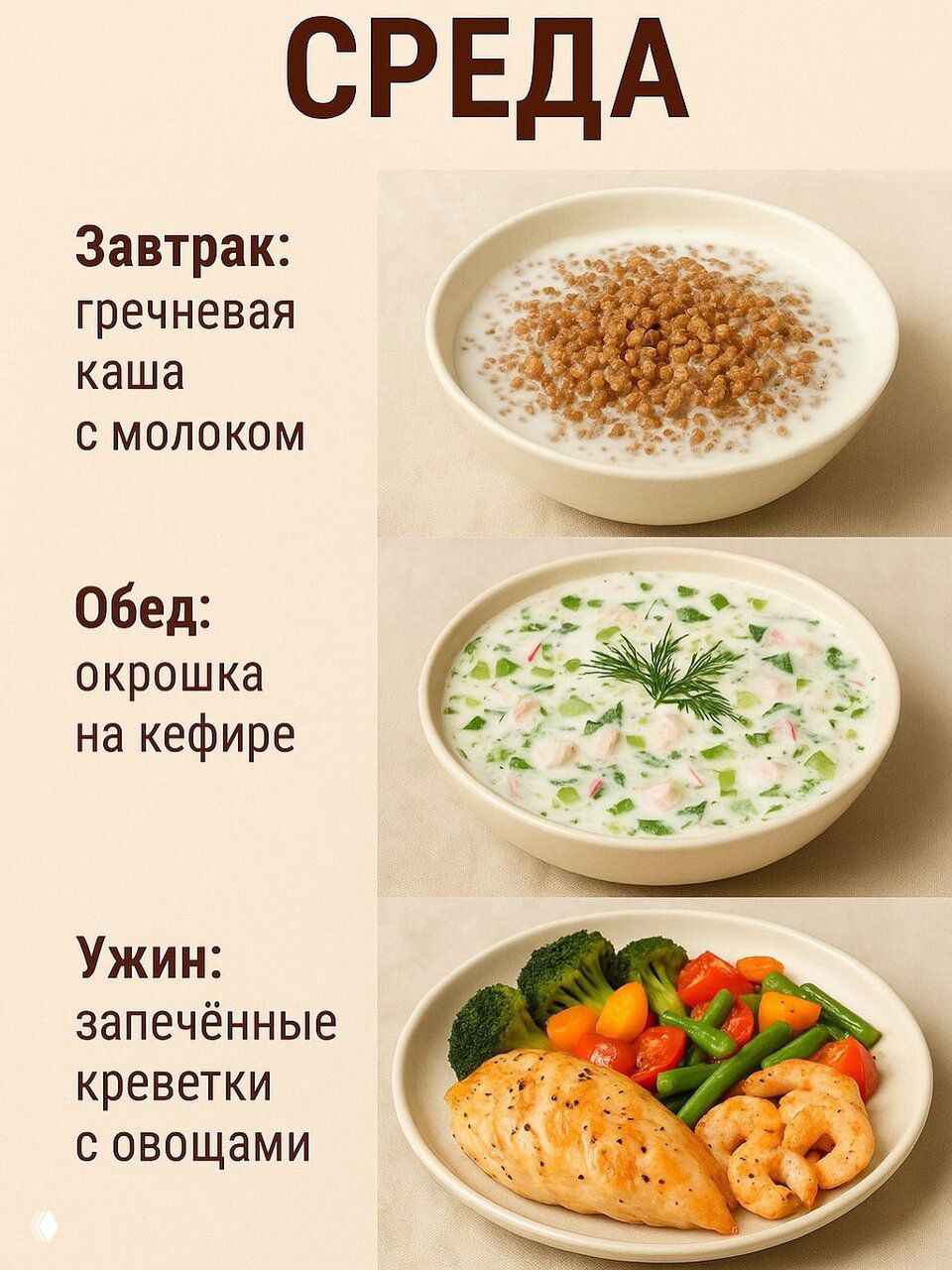 Среда — гречка с молоком в миске, окрошка на кефире и запечённые креветки с овощами как лёгкий ужин на тарелке.