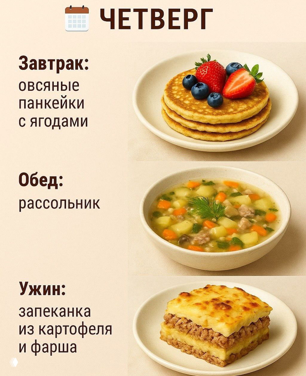 Четверг — овсяные панкейки с ягодами, миска рассольника и сытная картофельная запеканка с мясом, поданная на посуде.