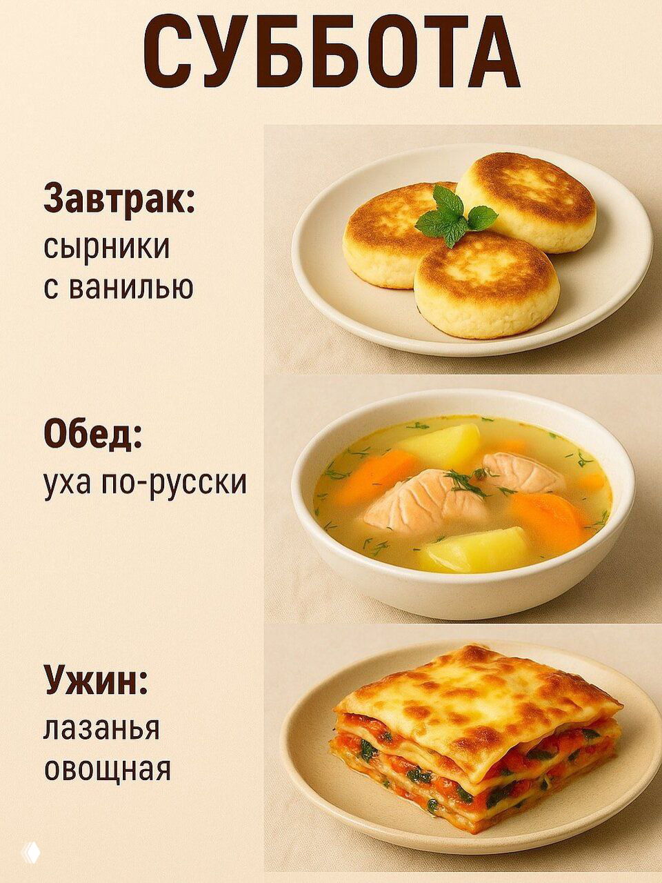 Суббота и воскресенье — сырники с ванилью, уха по‑русски, маффины с бананом, куриный бульон с лапшой и салат с тёплой говядиной.