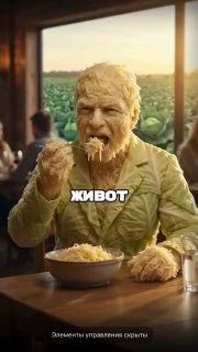 Фигура человека, выполненная из продуктов, ест пасту за столом у окна; на фото видно слово «живот», рекламный образ.