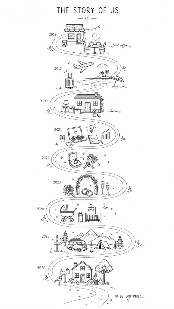 Вертикальный скандинавский doodle-постер в черно‑белом стиле: дорожная хронология с пиктограммами (дом, кольца, коляска, палатка).