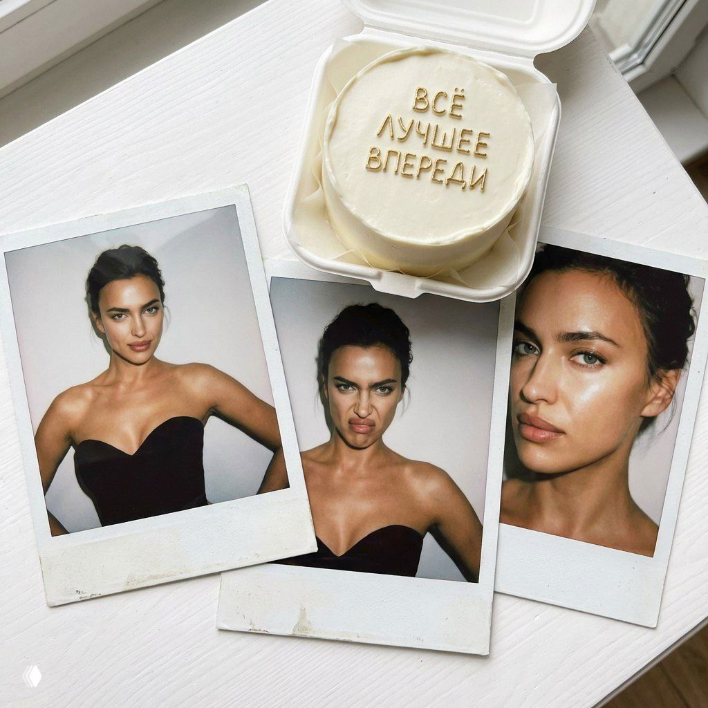 Три полароидных снимка на белом столе и торт‑бенто с золотой надписью «ВСЁ ЛУЧШЕЕ ВПЕРЕДИ», портреты молодой женщины в вечернем платье.