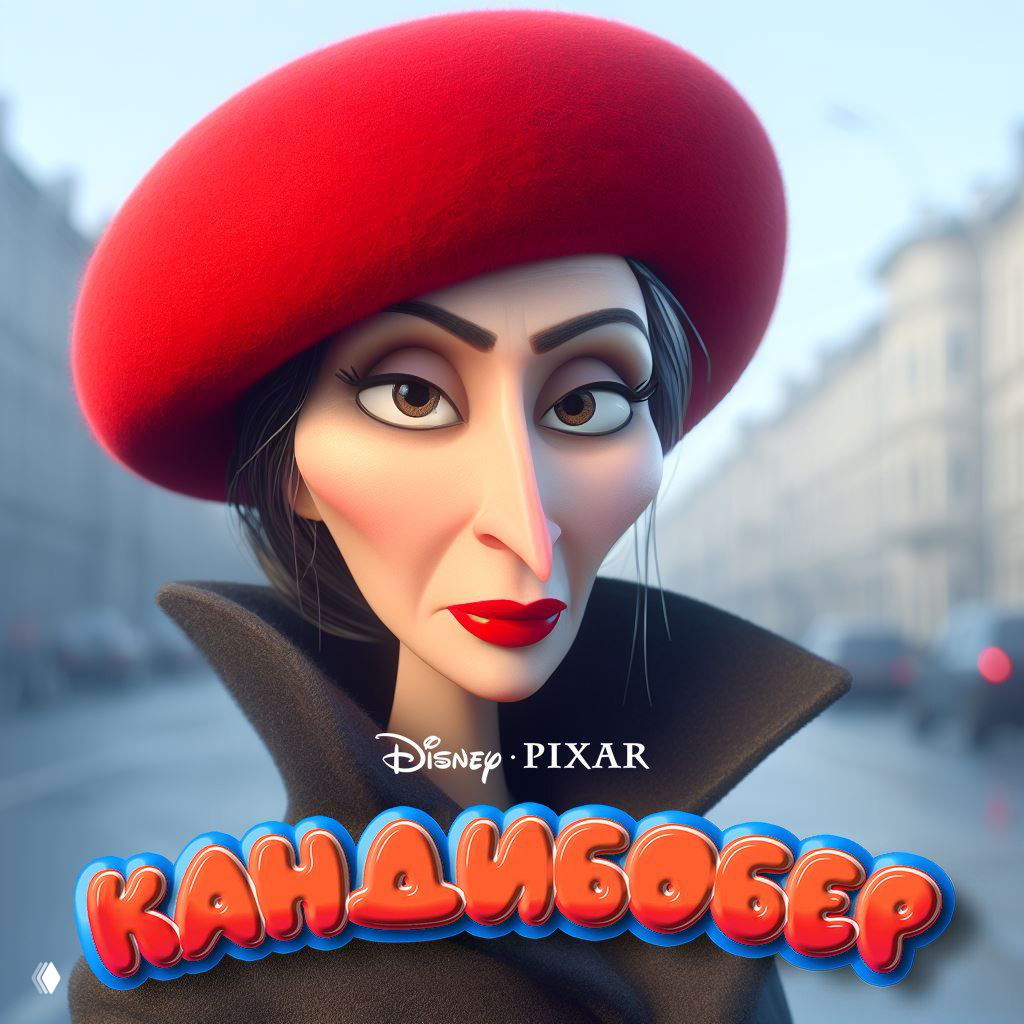Стилизованный AI-портрет женщины в красном берете с размытым городским фоном и логотипом «Кандибобер».