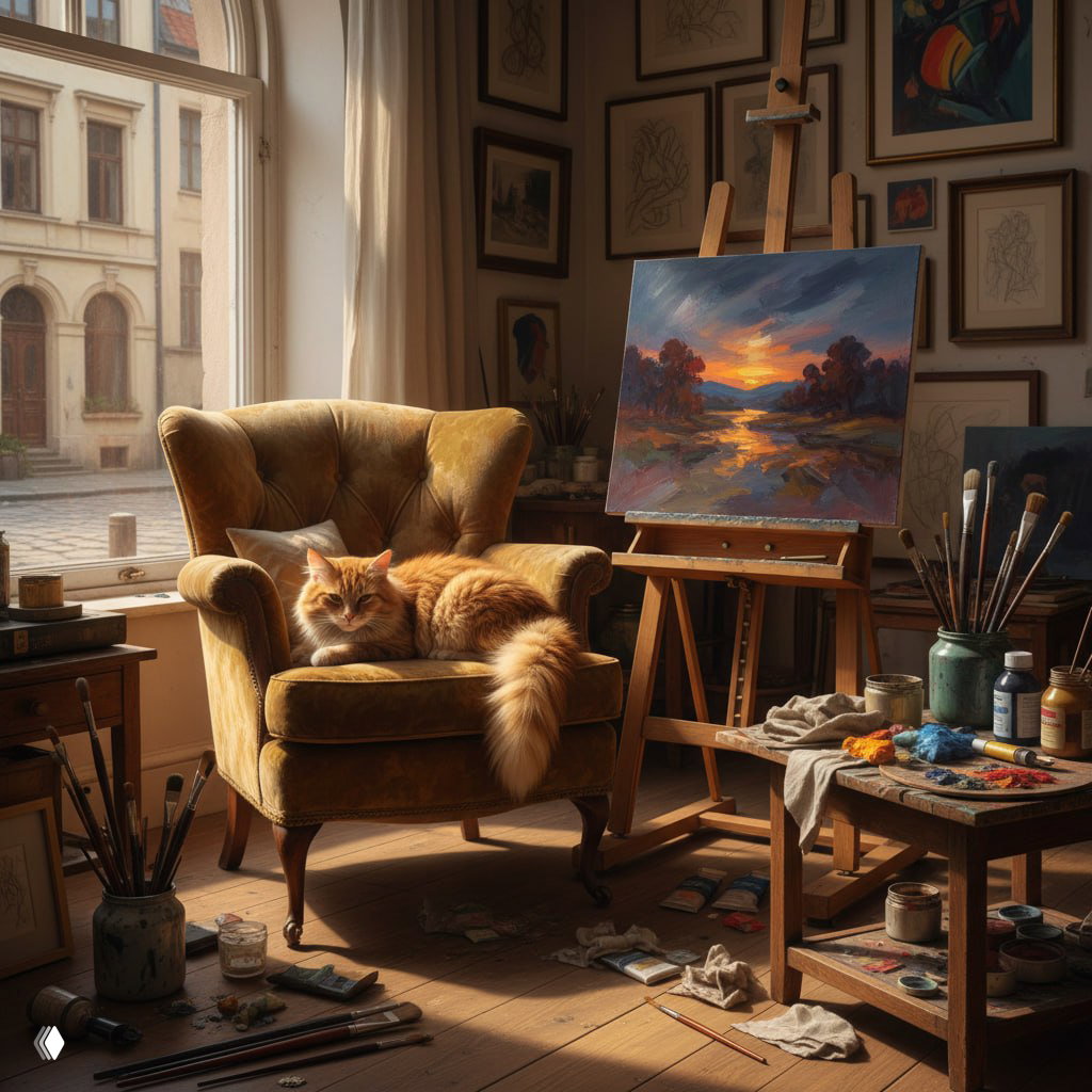 Рыжий кот лежит на бархатном кресле в солнечной художественной мастерской рядом с мольбертом, кистями и красками.