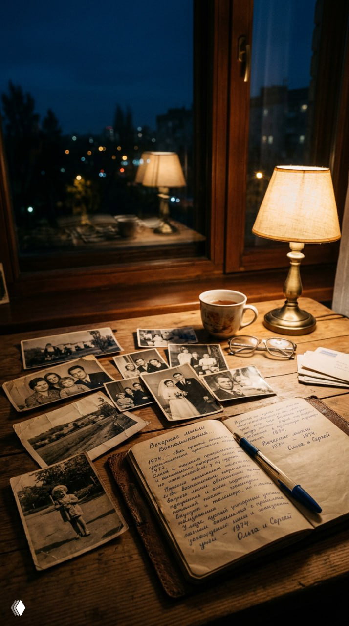 Вечерний стол у окна с тёплой лампой, чашкой чая, развёрнутым блокнотом с записями и стопкой старых чёрно‑белых фотографий — метафора памяти.