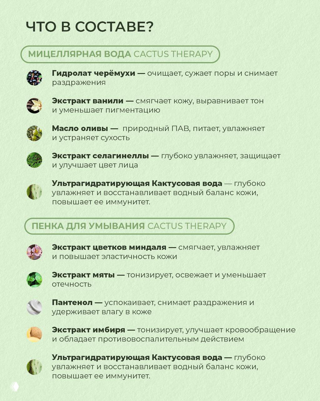 Инфографика со списком состава: гидролат черёмухи, экстракт миндаля, масло оливы, кактусовая вода и другие компоненты с иконками.