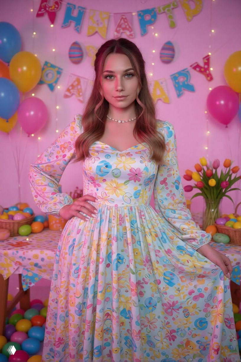 Девушка в пастельном платье с цветочным узором на фоне яркой пасхальной декорации: шарики, гирлянды, крашеные яйца и тюльпаны.