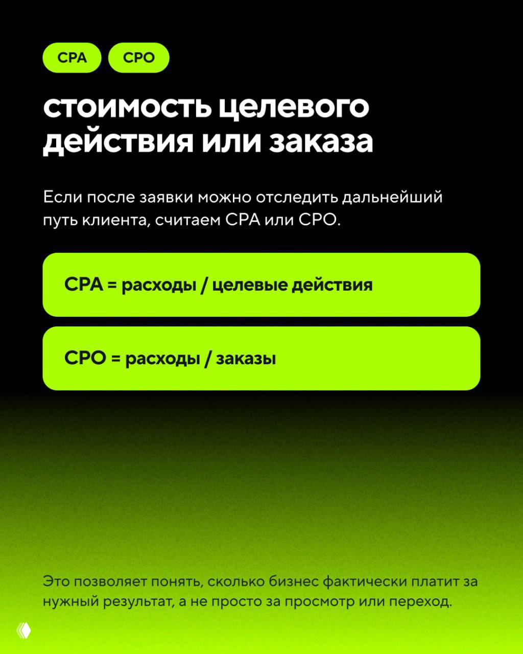 Слайд объясняет CPA и CPO: стоимость целевого действия или заказа, формулы CPA = расходы / целевые действия и CPO = расходы / заказы.