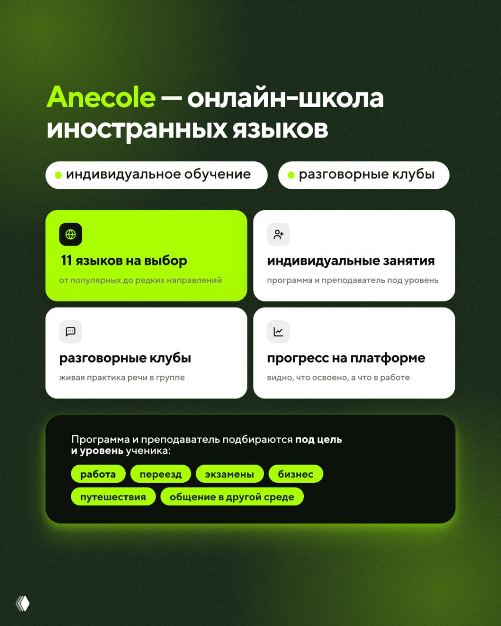 Инфографика Anecole: карточки преимуществ — 11 языков на выбор, индивидуальные занятия, разговорные клубы и отслеживание прогресса на платформе.